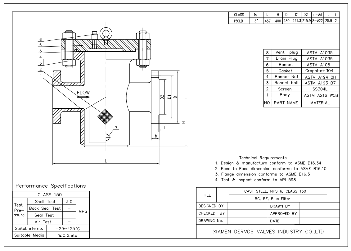 Body WCB, 6" 150LB Basket Strainer, RF Connection, ASME B16.34