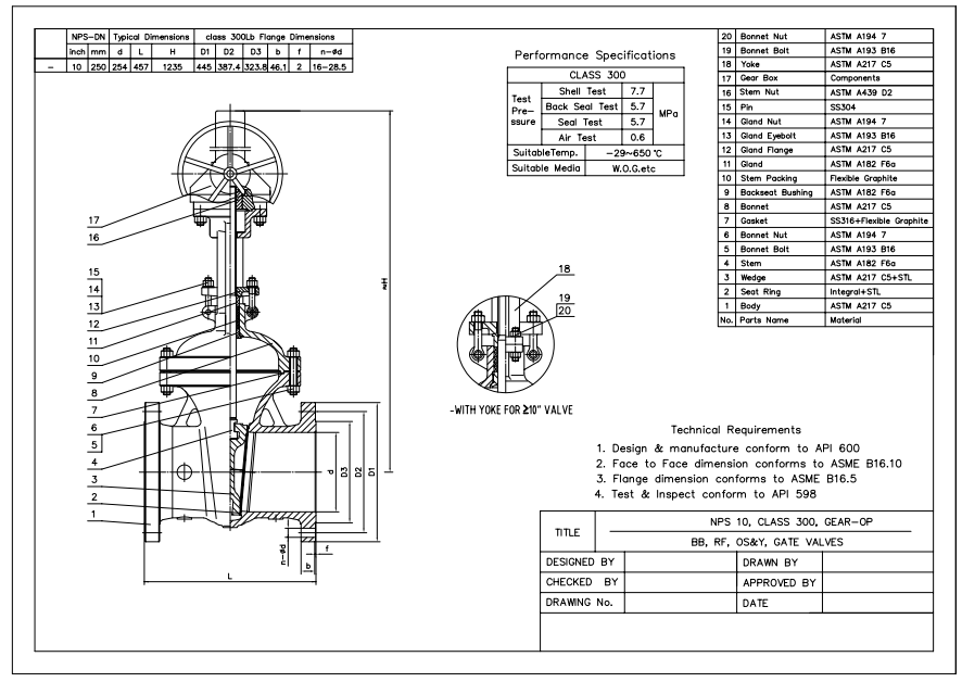 10" 300LB Alloy Steel Gate Valve RF C5 API600 Bevel Gear