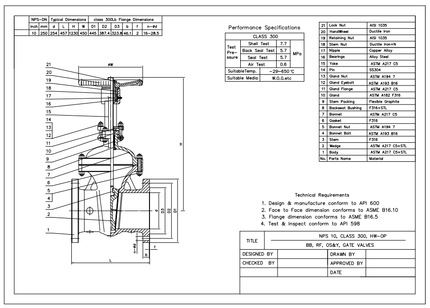 API600 ALLOY STEEL 10'' 300LB GATE VALVE BB RF OS&Y